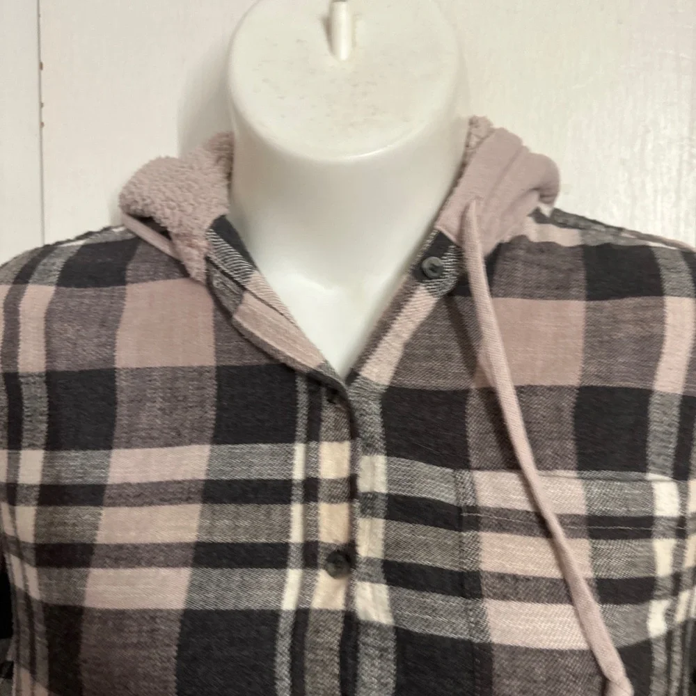 AE American Eagle Plaid Hooded Flannel Small Sherpa Lined Pink  Grey Womens - Picture 3 of 10